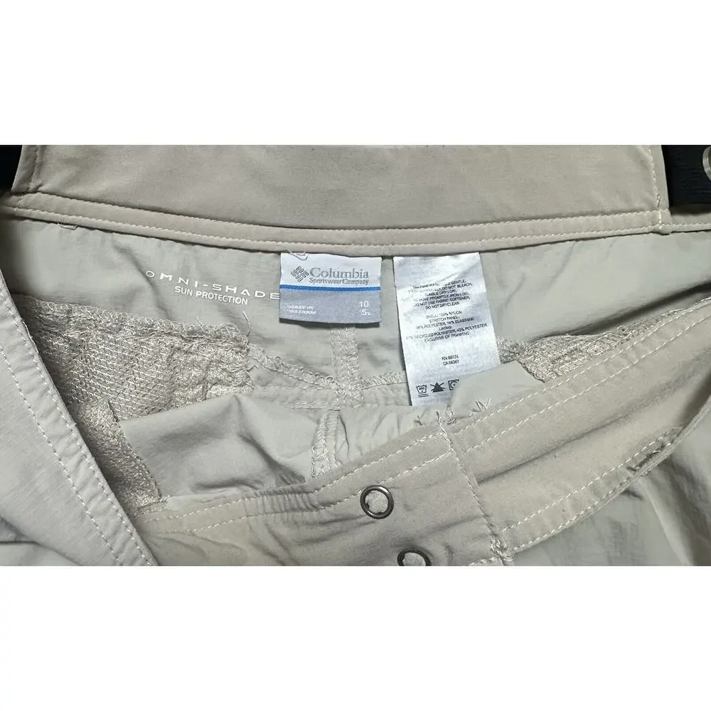 Columbia Women’s Beige Shorts Sun Protection Cargo Omni Shade Adj Waist Size 10
